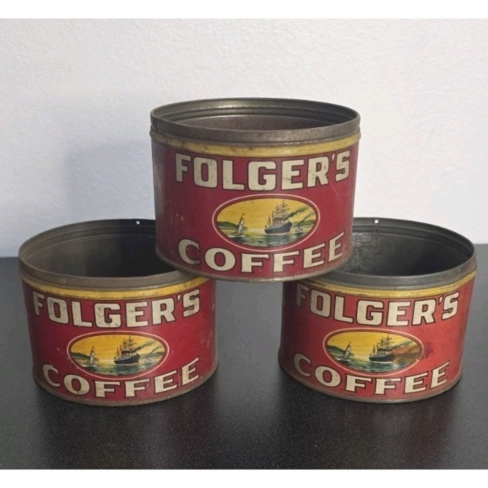 3pc Vintage Folgers 1931 Kansas City Coffee Tin Can Coffee Antique Metal No Lids